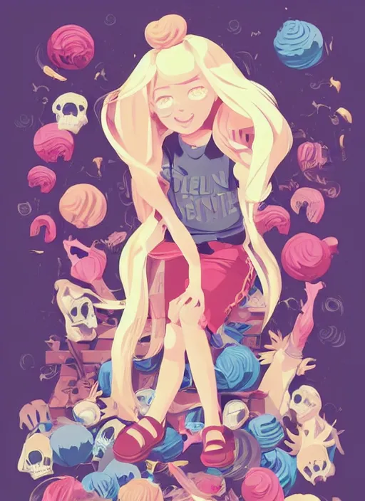 Image similar to little girl with long blonde hair sitting on a pile of plastic decor skulls. clean cel shaded vector art. shutterstock. behance hd by lois van baarle, artgerm, helen huang, by makoto shinkai and ilya kuvshinov, rossdraws, illustration, art by ilya kuvshinov