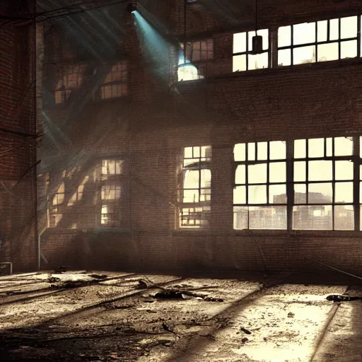 Prompt: abandoned industrial factory interior, sunlight filtering through the broken windows, digital art, trending on artstation