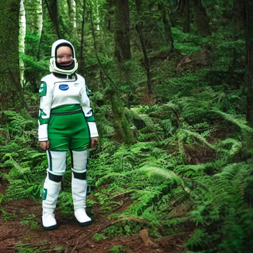 Image similar to a female space scout wearing a green uniform with white armor exploring a forest planet