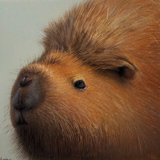 Image similar to detailed photorealistic painting of a capybara wearing a highly detailed ornamented crown typical, sharp focus in the style of ruan jia, Mandy jurgens, cinematic light, concept art, trending on artstation, photorealistic, ultra realistic