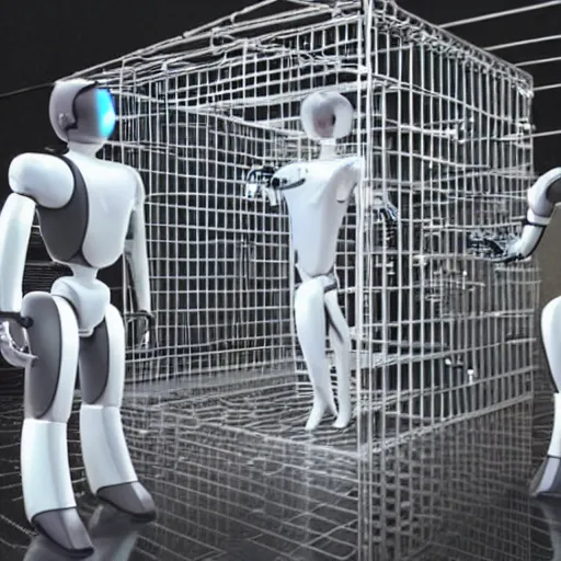 Prompt: Artificial intelligent robot locking humans into a cage