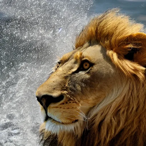 Image similar to a lion's face breaching through a wave, stormy weather