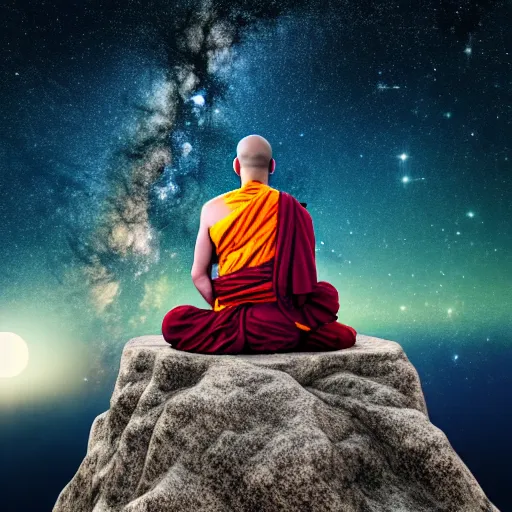 Prompt: high definition render of a monk on top of a mountain, full moon, milky way, galaxy, buddhism, 8 k, intricate, highly detailed