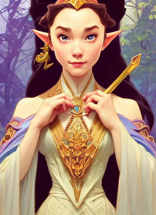 Image similar to portrait of disney zelda, intricate, elegant, highly detailed, my rendition, digital painting, artstation, concept art, smooth, sharp focus, illustration, art by artgerm and greg rutkowski and alphonse mucha and uang guangjian and gil elvgren and sachin teng, symmetry!!