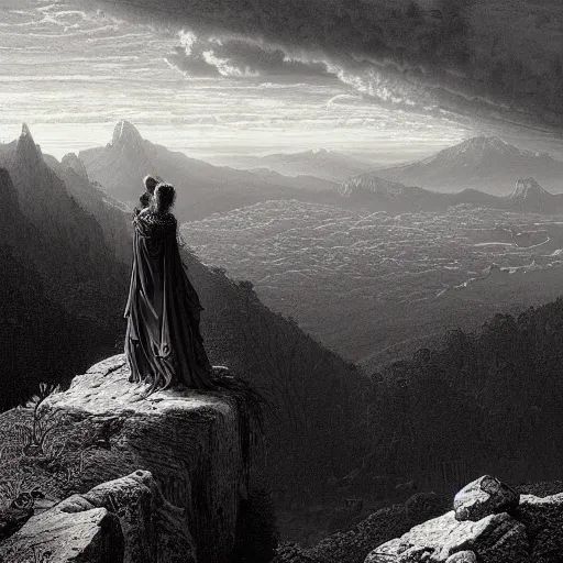 Image similar to A lonely widow looks from a mountaintop, mountains, gorgeous view, velly distant forest, distant city, distant glow, night, sunset, dramatic light, Chiaroscuro, long shadows, dark, masterpiece, high detail, detailed, illustration by Paul Gustave Doré