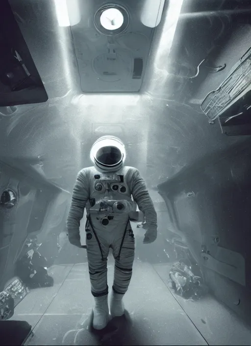 Image similar to concept art by craig mullins astronaut in futuristic dark and empty spaceship underwater. infrared glowing lights. complex and hyperdetailed technical suit. reflection and dispersion materials. rays and dispersion of light. volumetric light. 5 0 mm, f / 3 2. noise film photo. flash photography. unreal engine 4, octane render. interstellar movie art