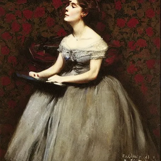 Image similar to victorian girl in ball gown absent - mind looking at her dance card, painting by alfred stevens