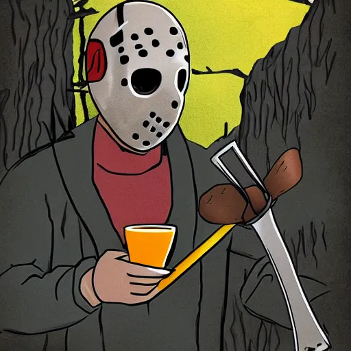 Image similar to Jason Voorhees eating breakfast, digital art