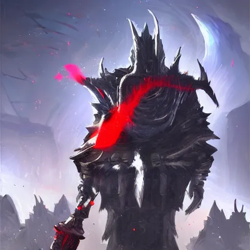 Image similar to penguin with red glowing eyes in the foreground, eternal necropolis tower in the background, guild wars 2 art style