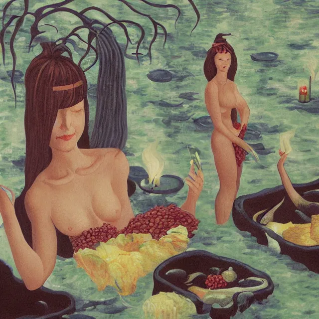 Image similar to tall female catgirl artist holding vegetables in her flooded kitchen, pomegranates, octopus, water gushing from ceiling, painting of flood waters inside an artist's apartment, a river flooding indoors, candles, ikebana, zen, rapids, waterfall, black swans, canoe, berries, acrylic on canvas, surrealist, by magritte and monet