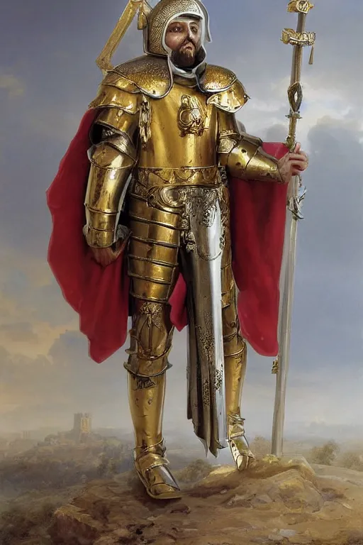 Image similar to man in decorated with gold in baroque style crusader armor, helmet and white cape with cross on it holding decorated with gold sword on it standing at the gates of jerusalem drawn by greg rutkowski realistic high detail