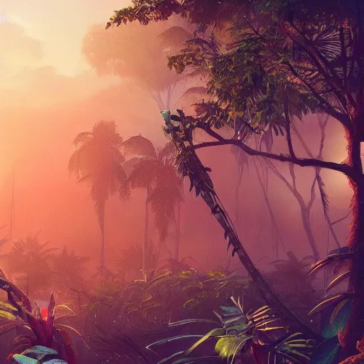 Image similar to a crashed plane in a jungle!, mist, tropical trees, vines, birds, sunset!, fluffy clouds, warm colors, beautiful lighting, digital art, intricate details, trending on artstation