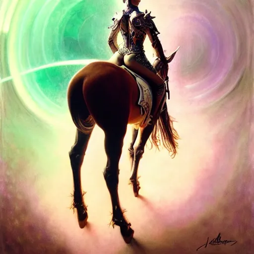 Image similar to psychedelic organic cyborg horseback riding, white holographic plastic, dramatic lighting, fantasy, intricate, elegant, highly detailed, lifelike, photorealistic, digital painting, artstation, illustration, smooth, sharp focus, art by john collier and albert aublet and krenz cushart and artem demura and alphonse mucha