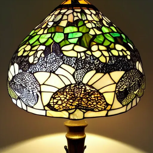 Prompt: beautifully detailed victorian art nouveau mushroom shaped tiffany lampshade, river reeds duckweeds close up abstract mallard feathers rubber leaves foliage, mucha tiffany kilian eng