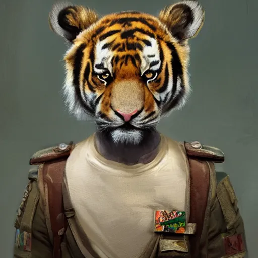 Image similar to a aesthetic award winning commission portrait of a cute baby anthro tiger wearing military uniform,digital art,art by greg rutkowski,art germ,charles bowater,trevor henderson,detailed beautfiul face,photorealistoc,hyperdetailed,dramatic,artstation,deviantart,professional lighting,beautiful face,cub,wholesome