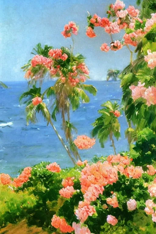 Image similar to sun in the sky blazing, beach, bunch of roses on the sea surface, bougainvillea palms, painting by john singer sargent