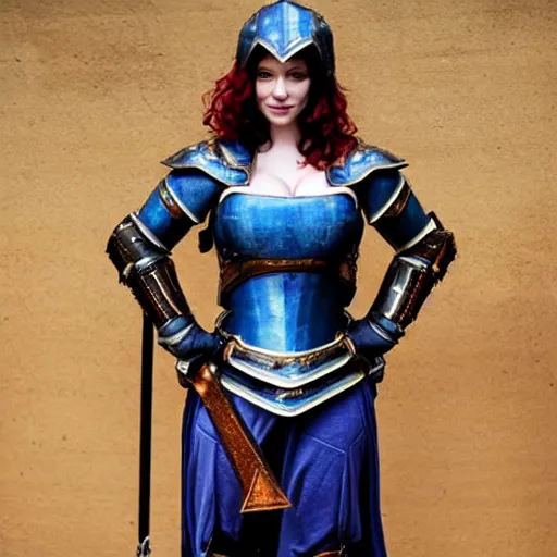 Prompt: full body photo of christina hendricks as a female warrior with lapis lazuli armour