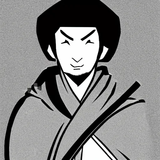 Image similar to a simple illustration of a man in a grey cloak holding a katana