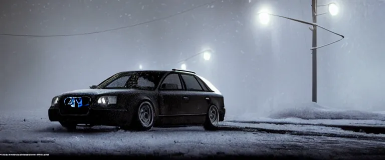 Image similar to Audi A4 B6 Avant (2002), a gritty neo-noir, dramatic lighting, cinematic, eerie person, death, homicide, homicide in the snow, gunshots, establishing shot, extremely high detail, photorealistic, red fog, chaos, arson, burning city, cinematic lighting, artstation, by simon stalenhag, Max Payne (PC) (2001) winter New York at night, In the style of Max Payne 1 graphic novel, flashing lights, Poets of the Fall - Late Goodbye