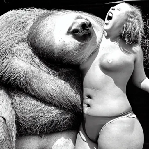 Prompt: a leaked dramatic photo of a fat man kissing the worlds largest sloth. the fat man is very very sweaty, has long blonde hair, is wearing a swimsuit, 1 9 9 8 sunglasses and he is screaming in pleasure