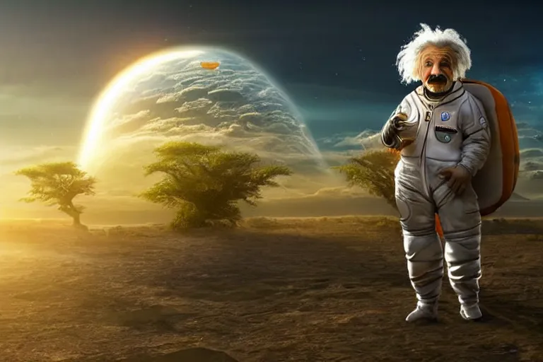 Prompt: still fullbody photo of sad albert einstein in spacesuit, giant flat earth on elephants and turtle at background, highly detailed, photorealistic shot, bright studio setting, studio lighting, crisp quality and light reflections, unreal engine 5 quality render