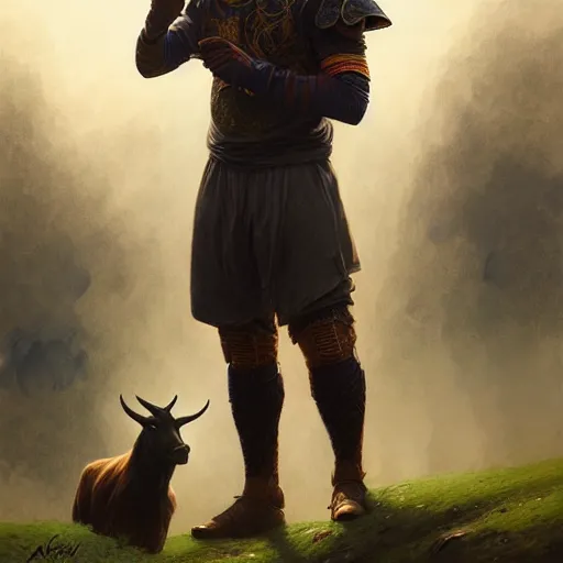 Image similar to Lionel Messi standing beside a majestic goat, D&D, fantasy, intricate, elegant, highly detailed, digital painting, artstation, concept art, matte, sharp focus, illustration, art by Artgerm and Greg Rutkowski and Alphonse Mucha