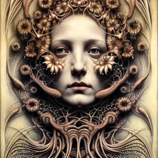 Image similar to detailed realistic beautiful calaveras goddess portrait by jean delville, gustave dore, iris van herpen and marco mazzoni, art forms of nature by ernst haeckel, art nouveau, symbolist, visionary, gothic, neo - gothic, pre - raphaelite, fractal lace, intricate alien botanicals, biodiversity, surreality, hyperdetailed ultrasharp octane render