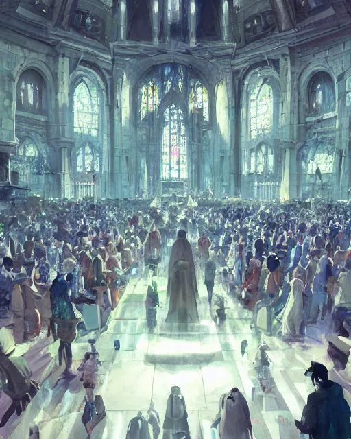 Prompt: craig mullins and ghibli digital illustration of a crowd in a futuristic church, strong contrast, priest, pews, ethereal, inviting, bright, raking light from stained glass windows, unreal engine, hyper realism, realistic shading, cinematic composition, realistic render, octane render, detailed textures, photorealistic, wide shot