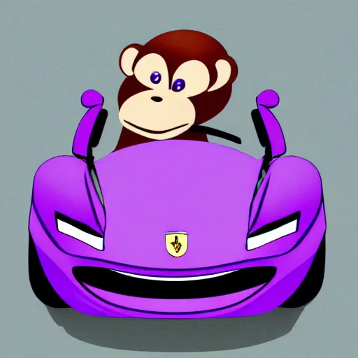 Image similar to monkey driving a purple Ferrari, photorealistic