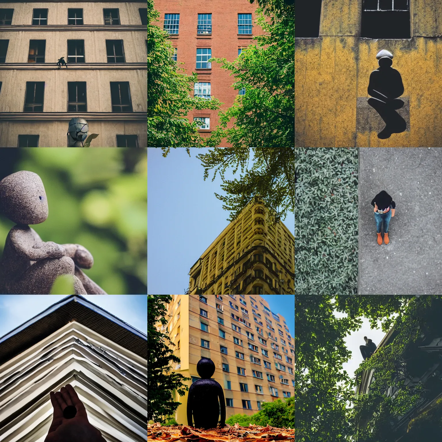 Prompt: a small figure sitting on a leaf, looking up at a building above