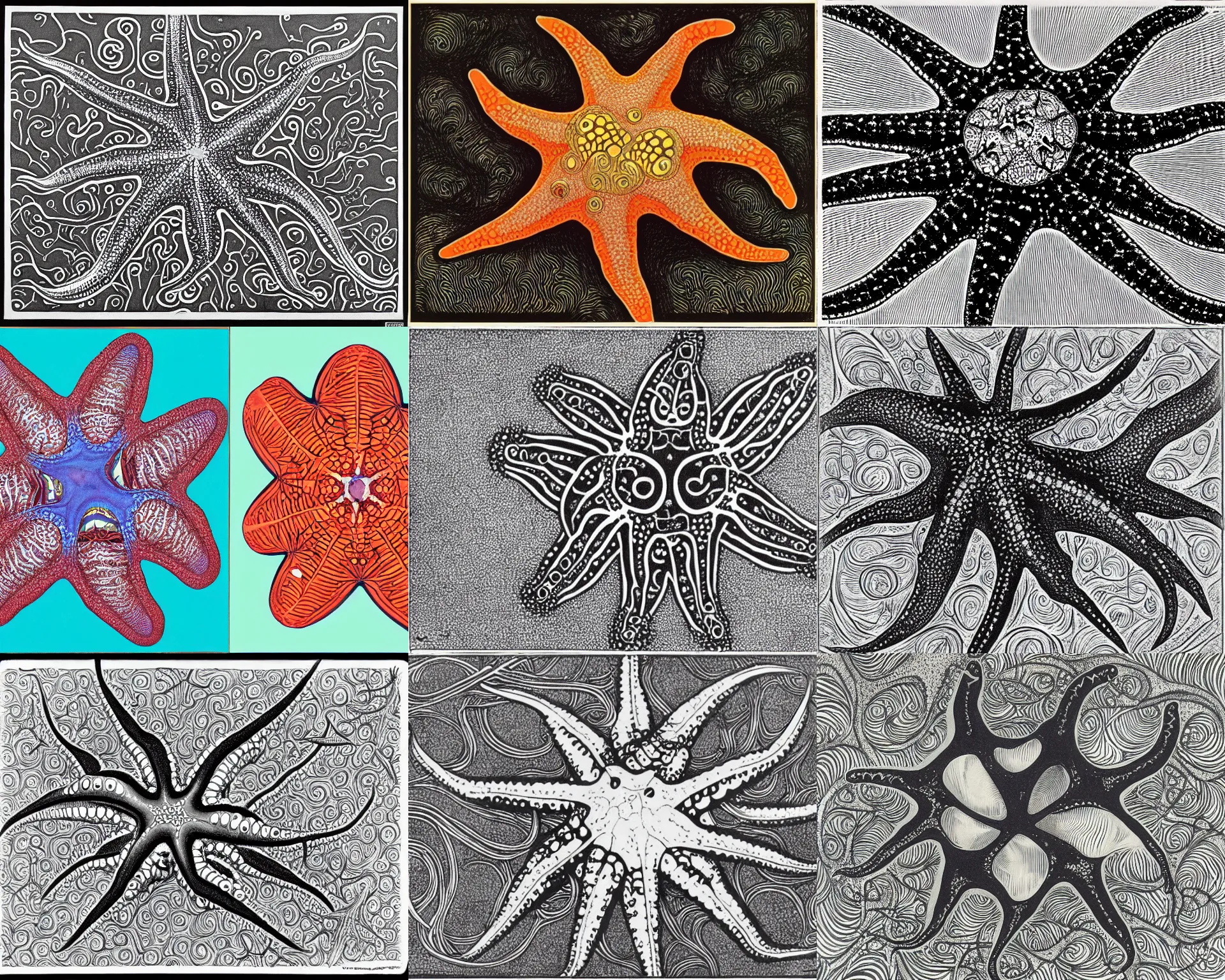 Prompt: a deep sea starfish drawn by m. c. escher and damien hirst and gustav klimt