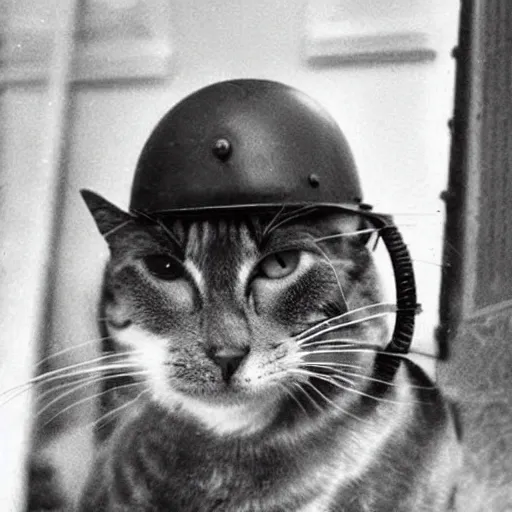 Image similar to Close up of a cat wearing a soldier helmet in the battle, ww2 historical photo, black and white