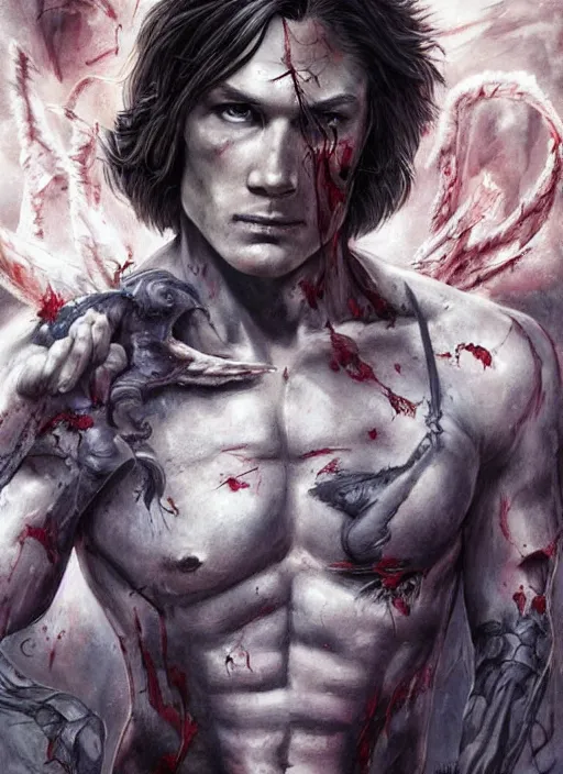 Image similar to Sam Winchester as a muscular angel with religious tattoos on chest and neck, stained and bleeding, magic overlays, urban fantasy book cover style, D&D dark fantasy style, sharp focus, ultra detailed, art by Artgerm and Peter Andrew Jones, Ayami Kojima, Amano and Olivier Ledroit