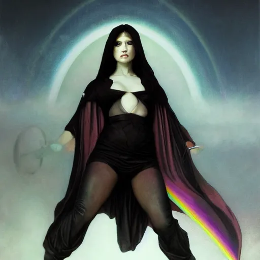 Prompt: artistic scene of a fierce beautiful figure the called the moonbow queen with beautiful face in a black cloak in battle ready pose and strangers coming against her, a rainbow in the dark, colorful, by Michael Whelan, William Adolphe Bouguereau, and Donato Giancola, highly rendered, beautiful, cyberpunk, moody lighting, glowing light and shadow, atmospheric, shadowy, cinematic, 8K