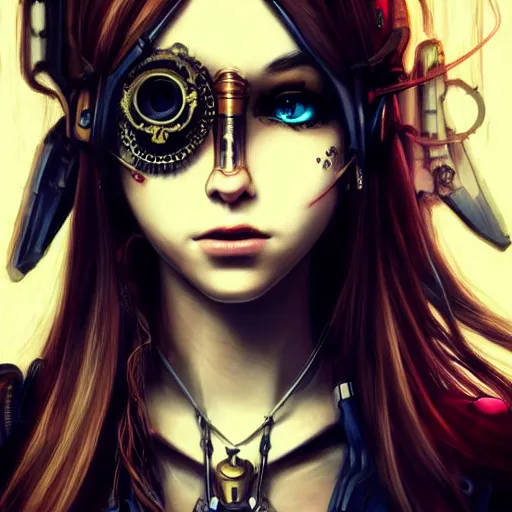 Prompt: beautiful half human half steampunk cyborg portrait, steampunk, extremely detailed, lush, gears, pretty, cinematic lighting, epic, intense, long hair, brown eyes, cool, anime,