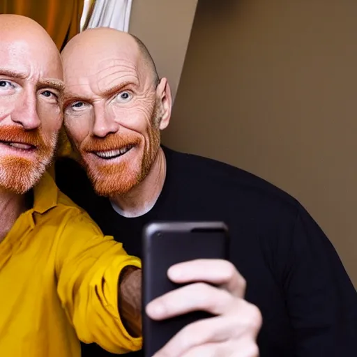Image similar to A still of Jerma taking a selfie with Bald Bryan Cranston with a goatee in Albuquerque, New Mexico with a yellow filter, real life, hyperrealistic, ultra realistic, realistic, highly detailed, epic, HD quality, 8k resolution, body and headshot, Trending on Artstation, very realistic