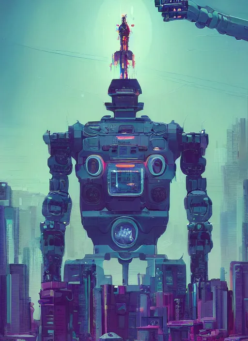 Image similar to a painting of a giant robot standing in front of a city, cyberpunk art by beeple art by james jean, behance contest winner, nuclear art, dystopian art, apocalypse art, sci - fi