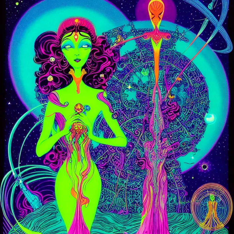 Image similar to cosmic maiden with psychedelic ringed planet, bright neon colors, highly detailed, cinematic, eyvind earle, tim white, philippe druillet, roger dean, lisa frank, aubrey beardsley