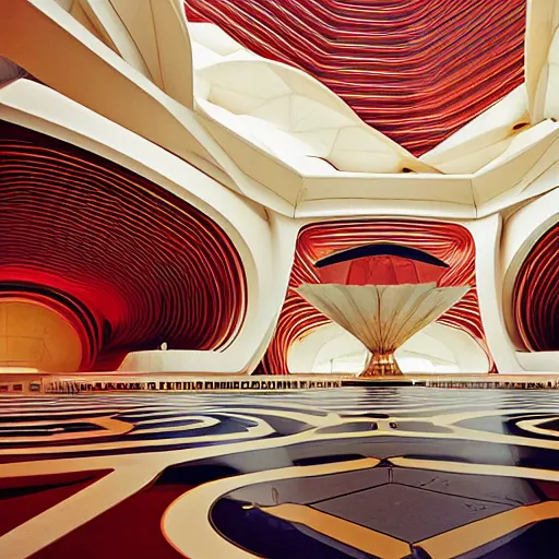 Image similar to interior of a futuristic lotus temple space station with gold, red and white marble panels, by buckminster fuller and syd mead, intricate contemporary architecture, photo journalism, photography, cinematic, national geographic photoshoot