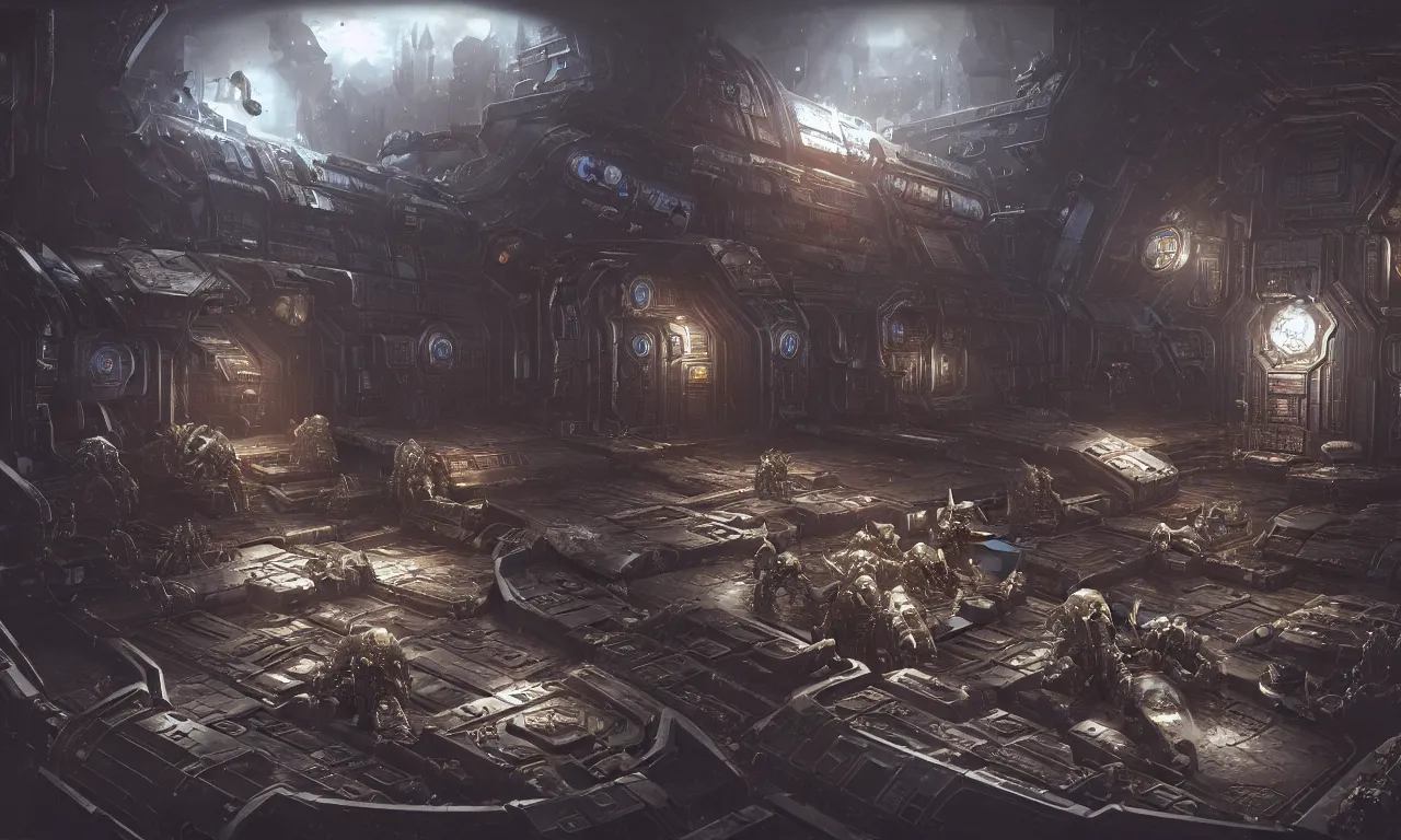 Image similar to starship base angar, Space Hulk, WarHammer 40k by Jose Daniel Cabrera Pena and Leonid Kozienko, concept art