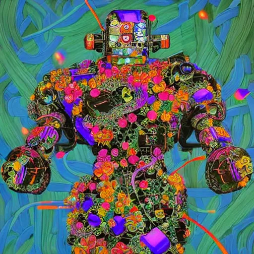 Image similar to colourful vfx art - portrait of army mecha robot wrapped in flowers & vines, art by utagawa kunisada & tadanori yokoo, volumetric light, ray tracing, sharp, detailed, digital painting, illustration, highly detailed, intricate detail, unreal engine, octane render, pinterest, behance, art station,