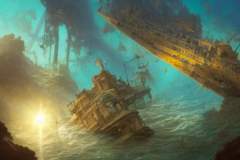 Prompt: a scenic view of the lost and abandoned city of Atlantic under water, ray of sunlight, shipwreck at the bottom of the sea, fish flocks, Greg Rutkowski, Moebius, Mohrbacher, Mucha, blue and gold color scheme, ultra wide angle, light effect