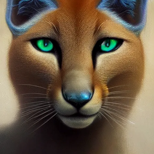 Prompt: portrait of a beautiful cute caracal with glowing blue eyes, dressed in a green top, flowing white hair, detailed face, fantasy, highly detailed, cinematic lighting, digital art painting by greg rutkowski, trending on artstation, very very beautiful, very attractive