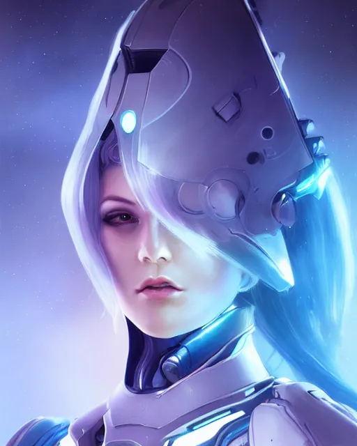 Image similar to perfect android girl on a mothership, warframe armor, beautiful face, scifi, futuristic, galaxy, nebula, raytracing, dreamy, long white hair, blue cyborg eyes, sharp focus, cinematic lighting, highly detailed, artstation, divine, by gauthier leblanc, kazuya takahashi, huifeng huang