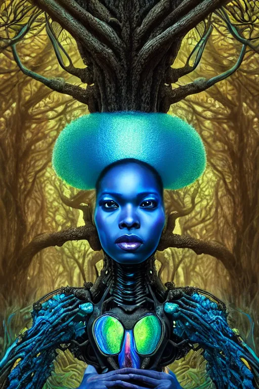 Prompt: hyperrealistic lowbrow super expressive! black woman with exoskeleton armor, merging with tree in a forest, highly detailed digital art masterpiece smooth cam de leon hannah yata dramatic pearlescent blue teal light ground angle hd 8 k sharp focus