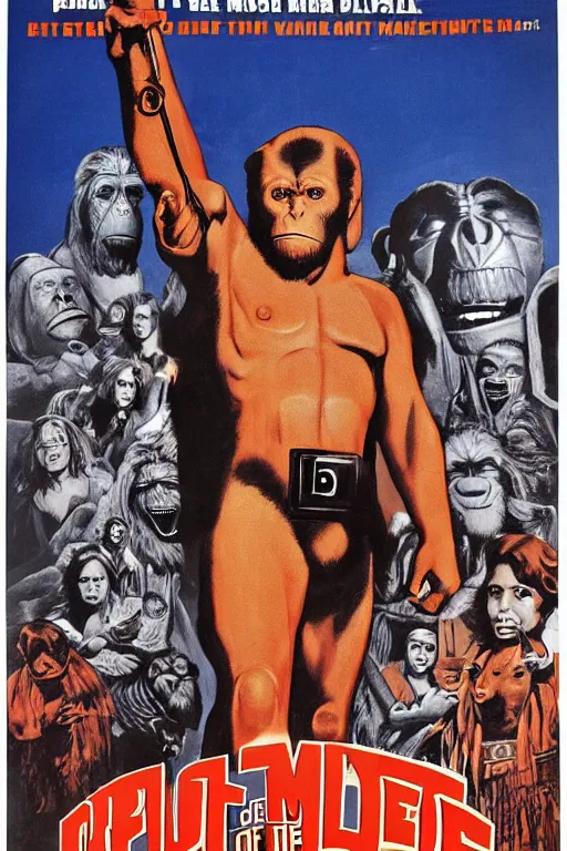 Prompt: movie poster, planet of the apes, directed by russ meyer