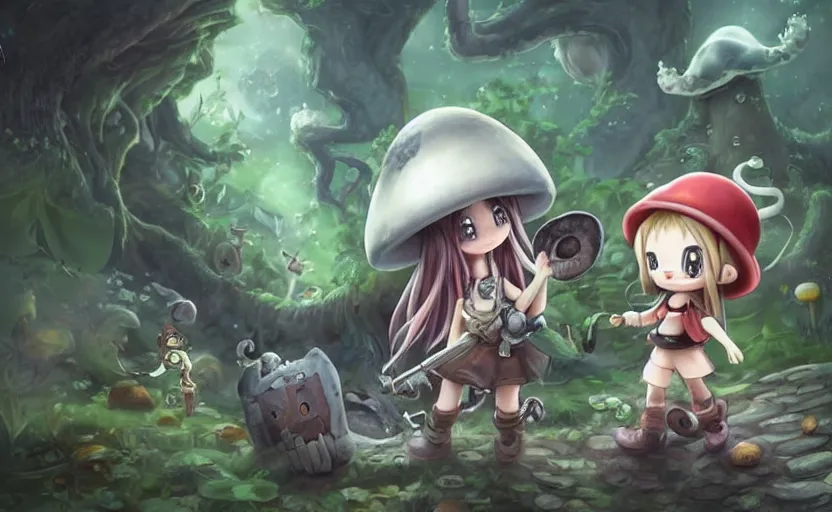 Prompt: cute little girl with an long hair wearing an mushroom hat and holding an cute cannon in the dark forest next to a sinister monster, cute artwork, clean detailed art, inspired made in abyss, detailed background, fantastic world, spectacular quality