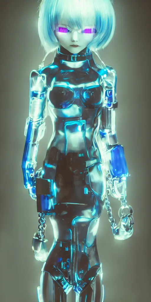 Image similar to blue cyber porcelain doll with led eyes. standing in middle of dark hallway. volumetric light on back. broken neon lighting. cyberpunk. high details, pixive, kuvshinov, photorealistic, artstation trending. dark mood. anime, akira.