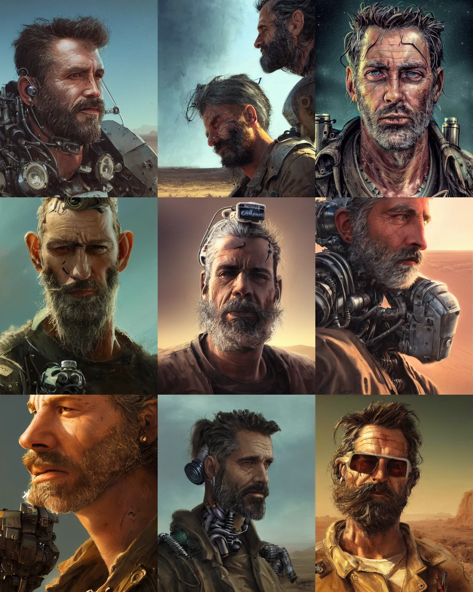 Prompt: a rugged middle aged mechanic man with cybernetic enhancements and unique hair lost in the desert, scifi character portrait by greg rutkowski, esuthio, craig mullins, short beard, green eyes, 1 / 4 headshot, cinematic lighting, dystopian scifi gear, gloomy, profile picture, mechanical, half robot, implants, steampunk