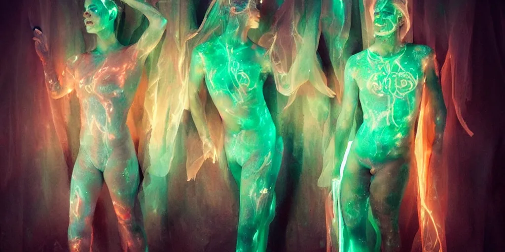 Image similar to love, translucent people with glowing body paint, rebirth, wide angle, cinematic atmosphere, elaborate, highly detailed, dramatic lighting